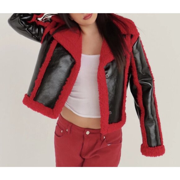 7 For All Mankind Faux Patent Leather Sherpa Moto Jacket Women's XS New with Tag - Picture 3 of 5